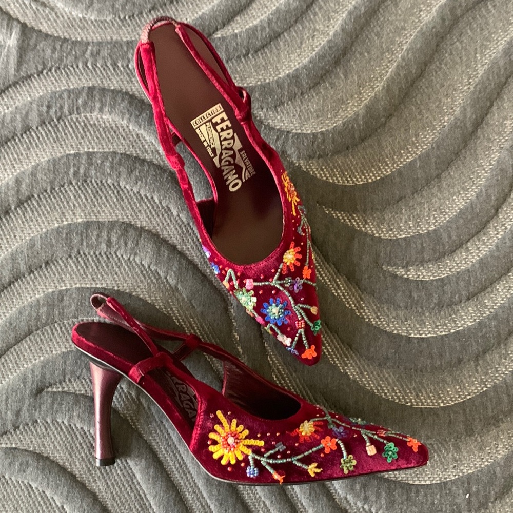 Sling-back heals 
Red/Maroon Velvet Beaded Size 6 1/2